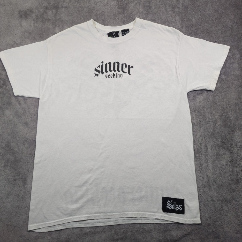RARE Sinner Seeking Säles Graphic Embossed Streetwear T-Shirt Tee Men's Sz Large